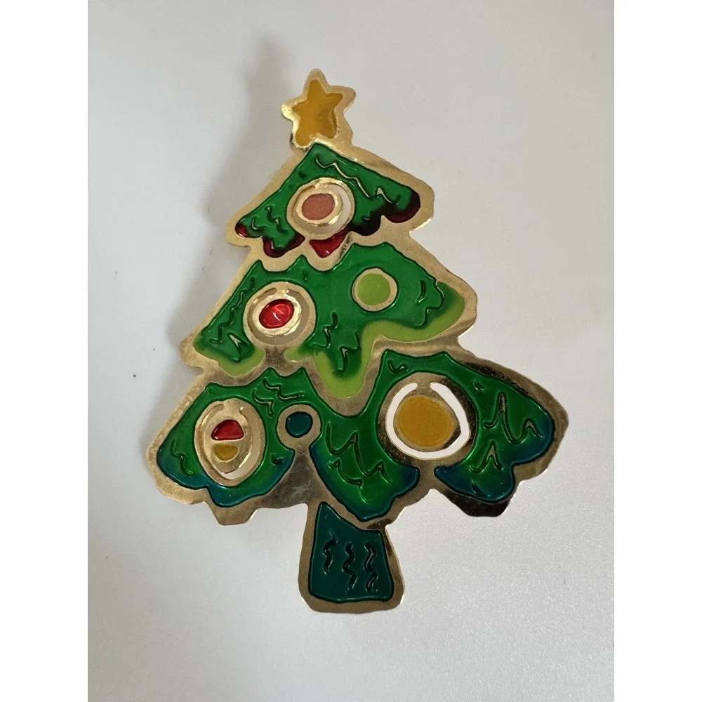 Vintage 1980s Enamel Christmas Tree Brooch Pin Gold Tone Holiday Statement 2.5”